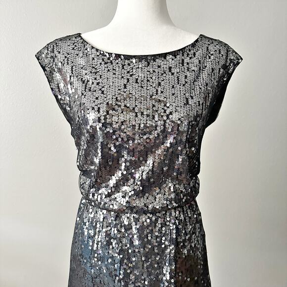 Elie Tahari Silver Sequin Black Mesh Mini Blouson Dress women's size small - Picture 2 of 14